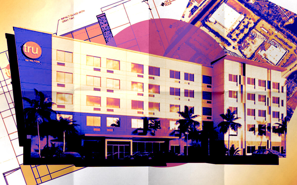 A rendering of the planned 97-key Tru by Hilton at 14575 Southwest 27th Way in Miramar (DP Hotels, Google Maps, iStock)