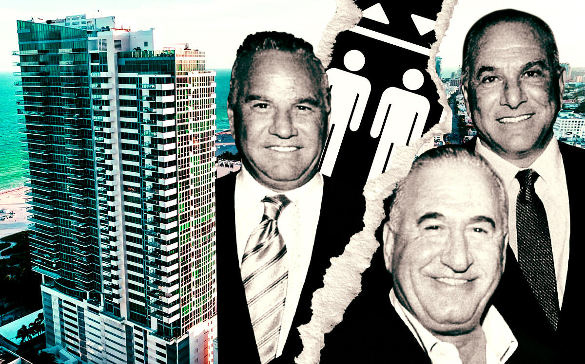 From left: Ralph, Joe and Avi Nakash, owners of Setai Miami Beach, along with a photo of the condo-hotel at 2001 Collins Avenue and 101 20th Street (Setai Miami Beach, iStock)