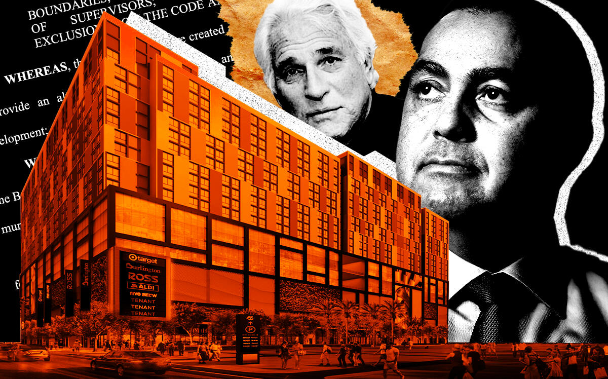 From left: Michael Swerdlow and Don Peebles along with a rendering of Block 55 in Miami's Overtown neighborhood (The Peebles Corporation, Swerdlow Group, iStock)