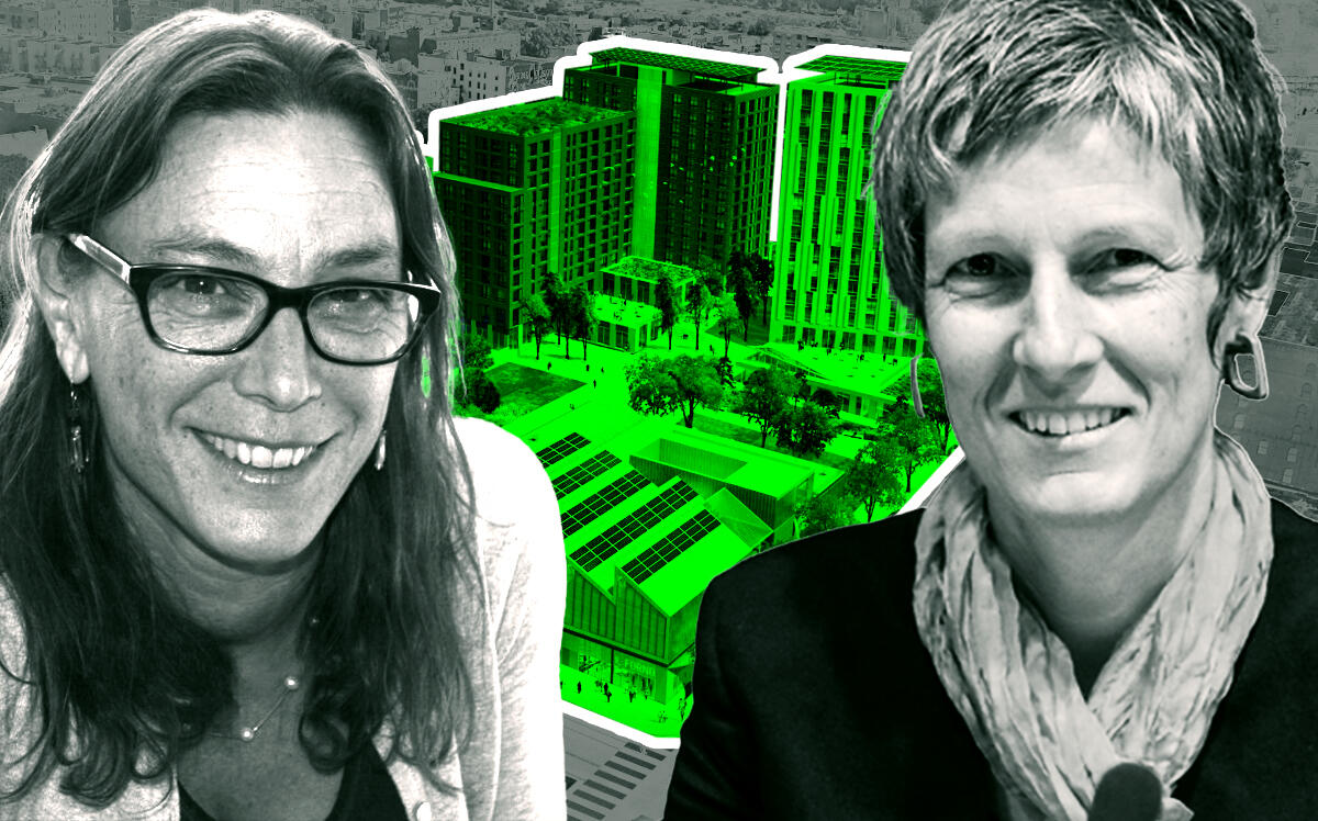 Ismene Speliotis, executive director, MHANY; Clare Miflin, director, Center for Zero Waste Design; and a rendering of The Peninsula in the Bronx (Mutual Housing Association of NY, LinkedIn/Ismene Speliotis, Center for Zero Waste Design)