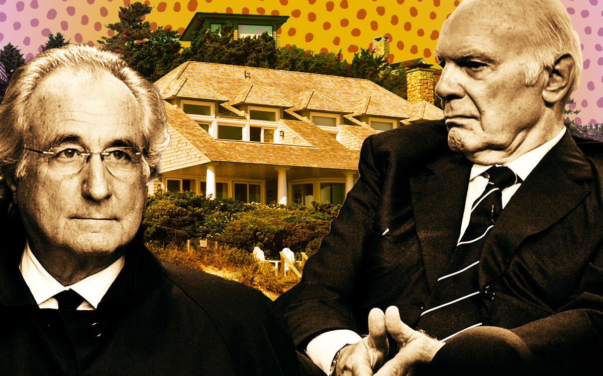 From left: Bernie Madoff and Steven Roth in front of 216 Old Montauk Highway (Getty Images, Compass, iStock)
