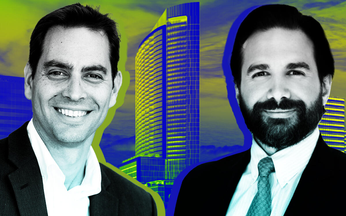 From left: Ran Eliasaf, managing partner, Northwind Group; Andrew Deiso, co-founder, DeisoMoss; a rendering of the 43-story mixed-use tower project planned near The Galleria in Houston (DeisoMoss, Northwind Group)