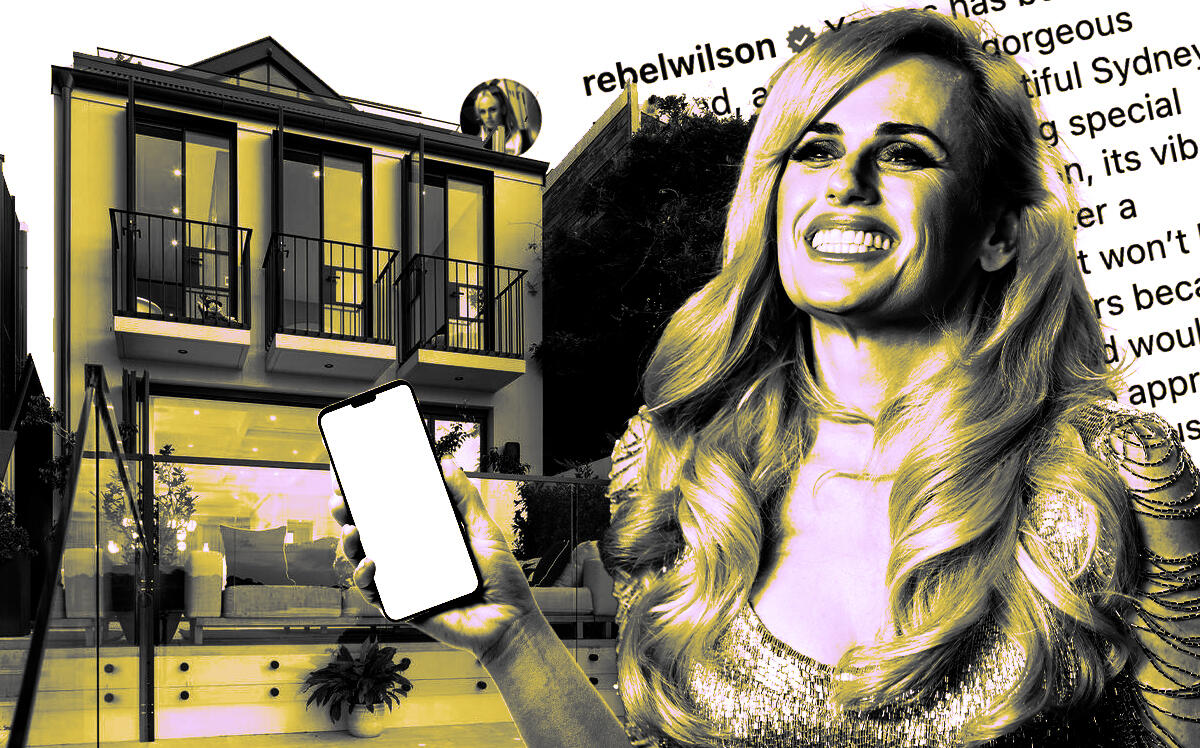 Actress Rebel Wilson in front of her Sydney Harbour house (Getty Images, REA Group, rebelwilson/Instagram, iStock/Photo Illustration by Steven Dilakian for The Real Deal)