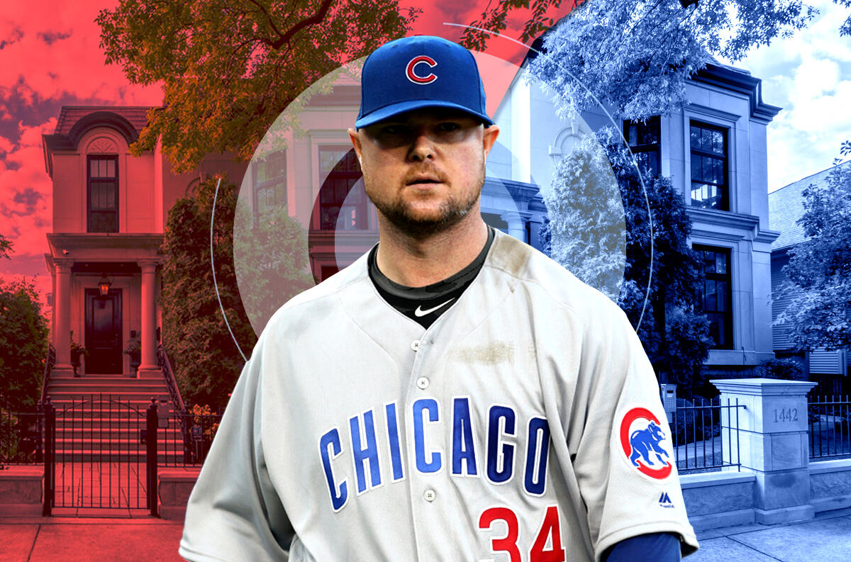 Former Chicago Cub's Jon Lester with 1442 and 1446 West Berteau Avenue (Getty, Redfin)