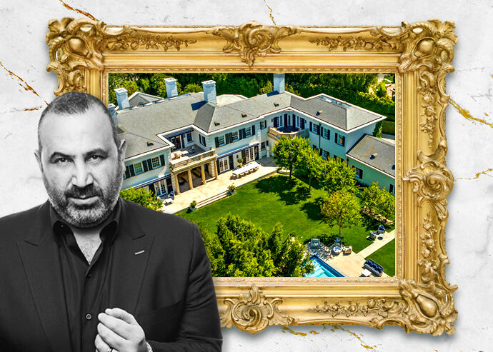 Sam Nazarian with 385 Copa de Oro Rd (Westside Estate Agency, Kevin Scanlon, iStock, Illustration by Shea Monahan for The Real Deal)