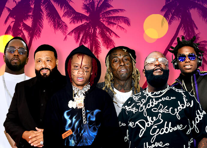 Sean “P. Diddy” Combs, DJ Khaled, Trippie Redd, Lil Wayne, Rick Ross and Kodak Black (Getty, iStock, Illustration by Shea Monahan for the Real Deal)
