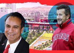 Former Anaheim Mayor Harry Sidhu and Angels owner Art Moreno with a rendering of what the future Angel Stadium in Anaheim will be like (City of Anaheim, Wikipedia, Getty)