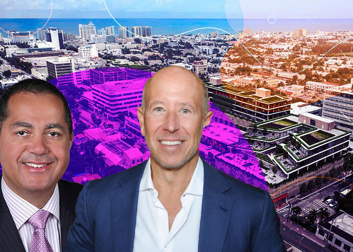 Don Peebles and Barry Sternlicht with renderings of proposals to develop city-owned property in Miami Beach (Starwood Capital Group, Integra Investments, Comrass Company, Wikipedia, Getty)