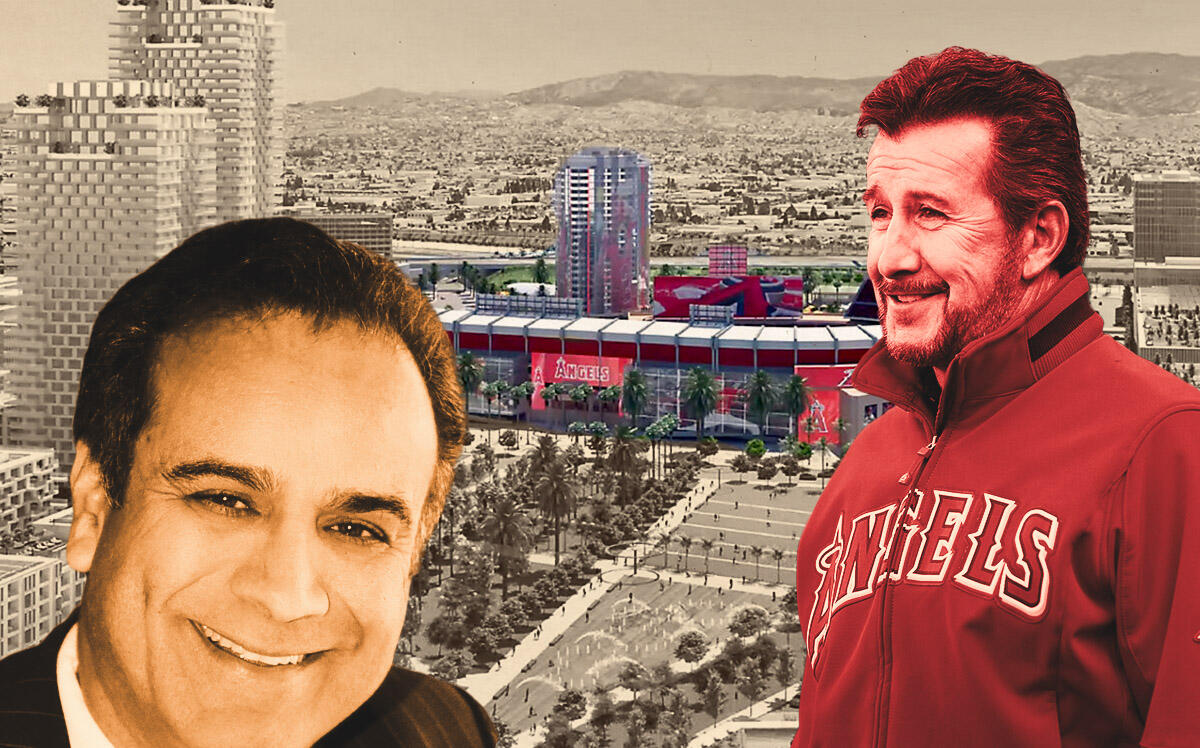 Former Anaheim Mayor Harry Sidhu, Angels owner Art Moreno and rendering of future Angel Stadium in Anaheim (City of Anaheim, Wikipedia, Getty)