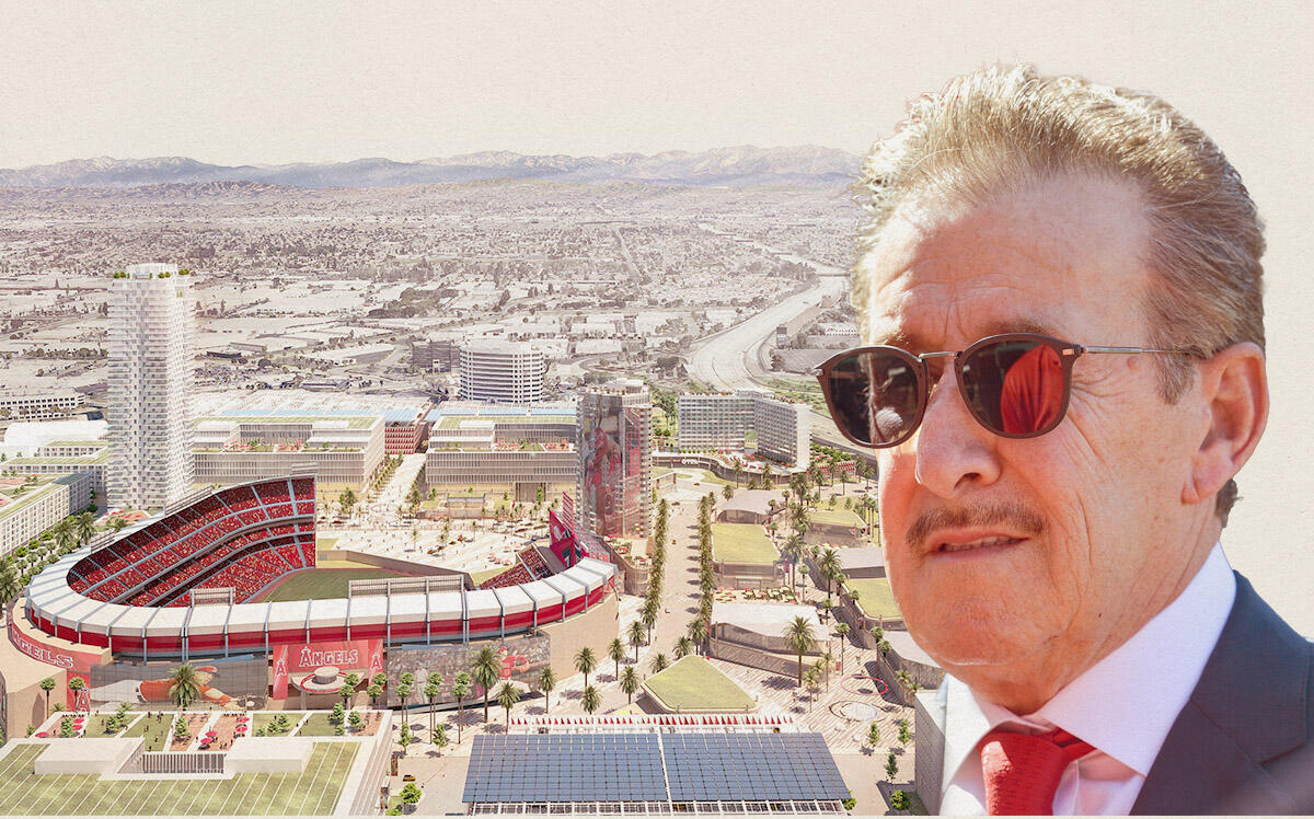 Anaheim Angels owner Arte Moreno and rendering of new stadium site (SRB Management, Getty Images)