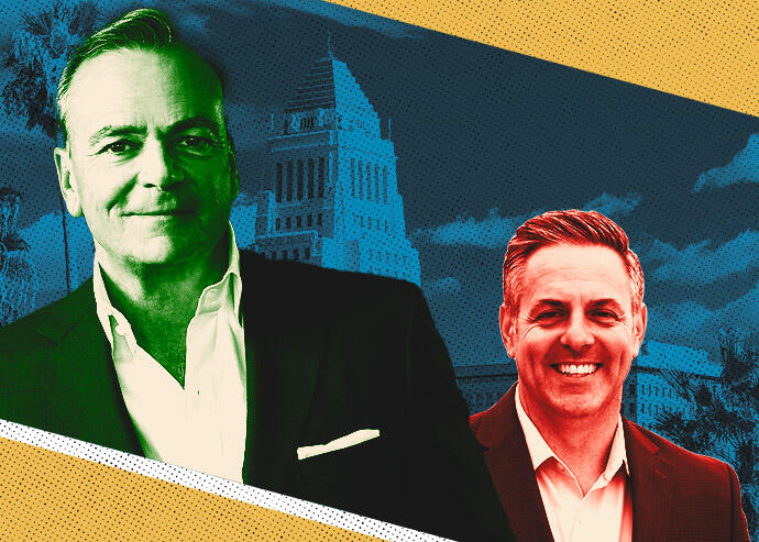 Candidate Rick Caruso, Councilman Joe Buscaino and Los Angeles City Hall (Rick Caruso, Joe Buscaino, iStock, Illustration by Kevin Cifuentes for The Real Deal)