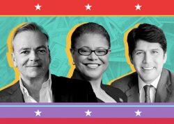 Los Angeles mayoral candidates: Rick Caruso, Karen Bass and Kevin de Leon (Wikimedia, Rick Caruso, iStock)