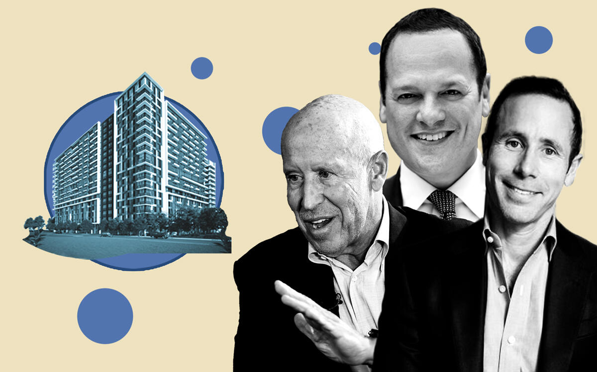 From left: a rendering of the project at 201 Clearwater Drive in West Palm Beach, Starwood Capital CEO Barry Sternlicht, Hyperion Group CEO Rob Vecsler and Winter Properties co-CEO David Winter (Getty, Hyperion, Winter Properties)