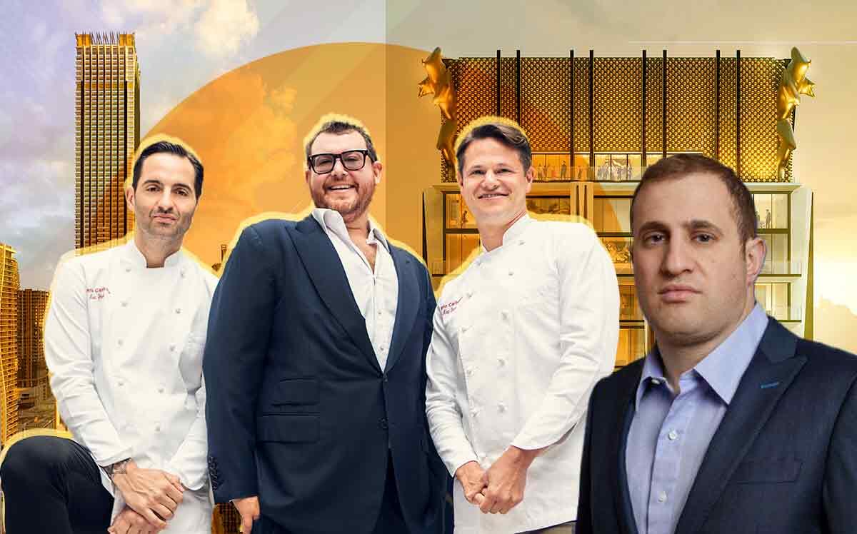 MFG co-founders, Jeff Zalaznick, Mario Carbone, and Rich Torrisi with Michael Stern and renderings of their planned Brickell Tower at 888 Brickell Avenue (JDS, Getty)