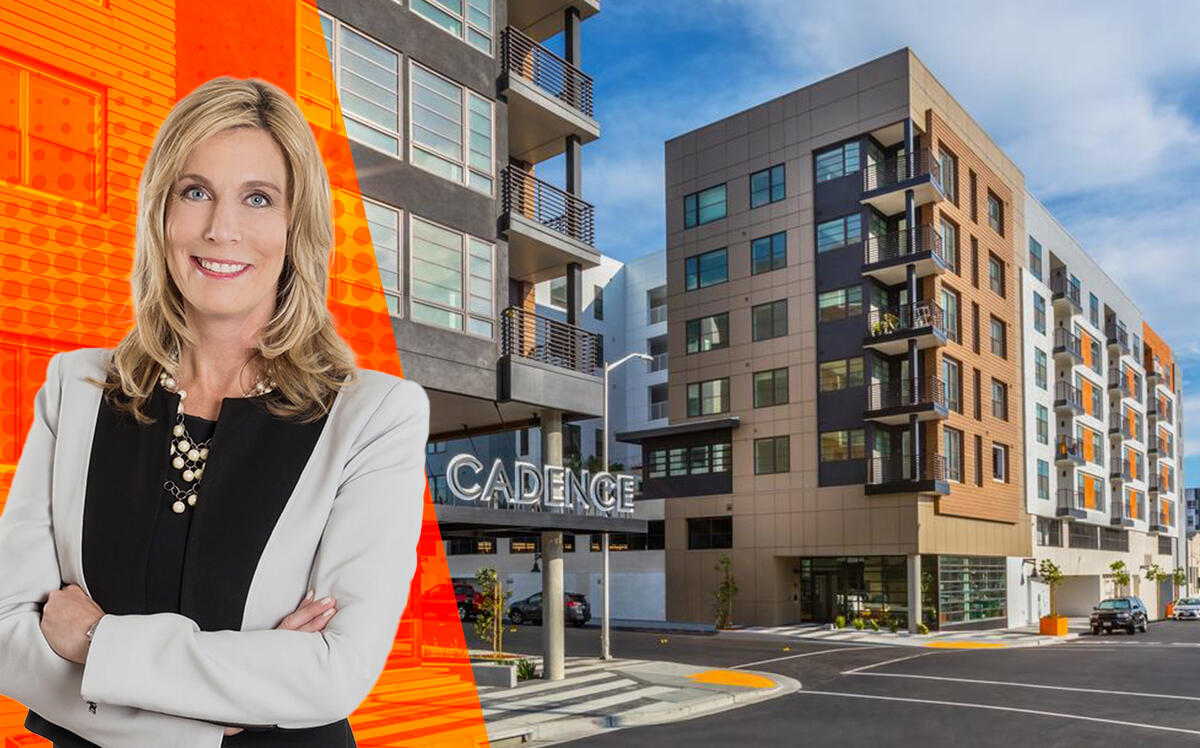 Bell Partners president and ceo Lili F. Dunn with renderings of Cadence Apartments at 400 Cypress Avenue in South San Francisco (Chet Frohlich, Bell Partners Inc.)