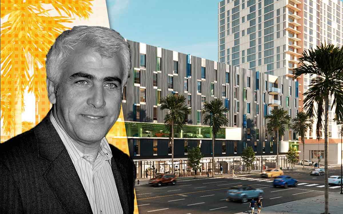 CIM Group’s Shaul Kuba with renderings of the project at 6007 Sunset Blvd in Hollywood (Cim Group, Getty)