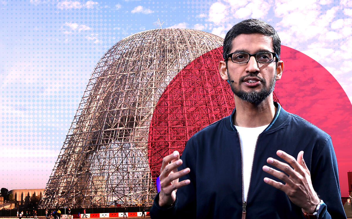 Google ceo Sundar Pichai with Hangar One, NASA Ames Research Center and Moffett Federal Airfield in Mountain View (Getty, Wikipedia)