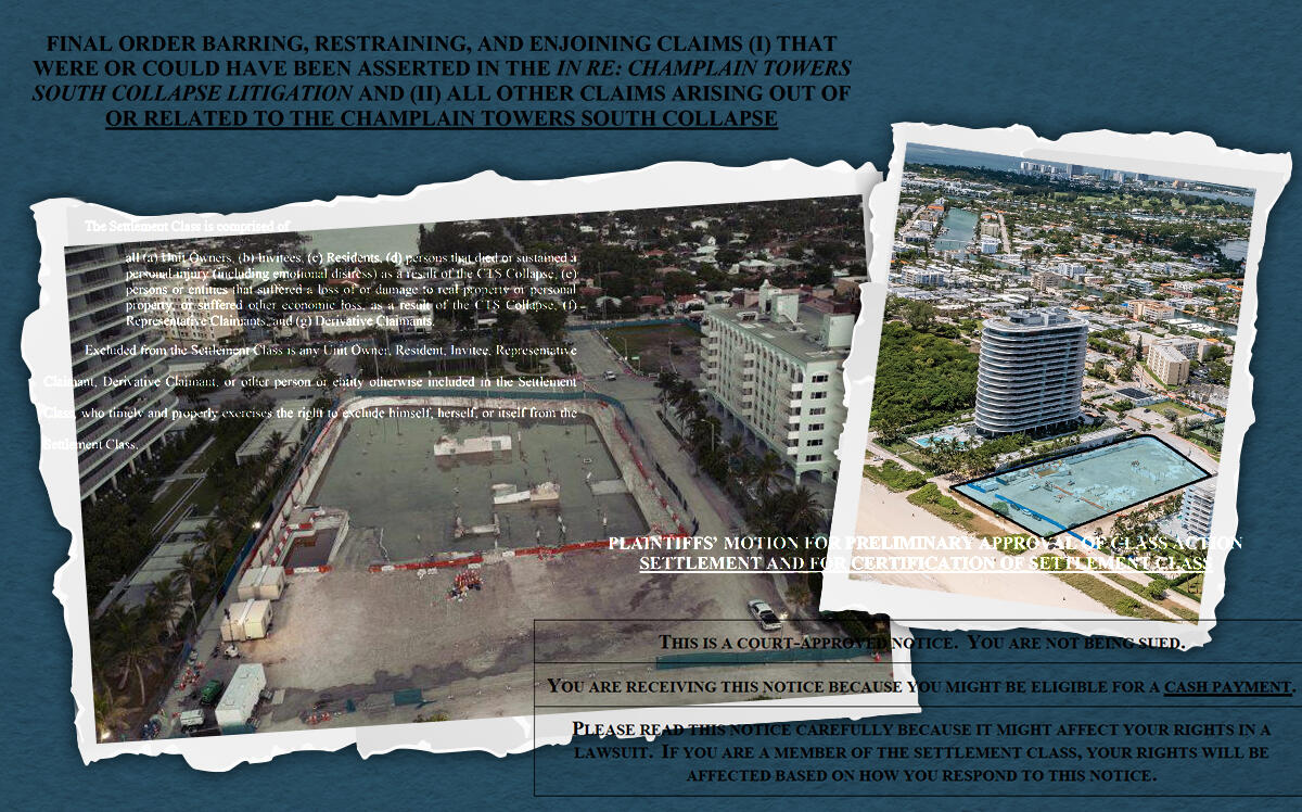 The site of the Champlain Towers South collapse at 8777 Collins Avenue in Surfside, FL. with the settlement agreement (Circuit Court for Miami-Dade County, Loopnet)
