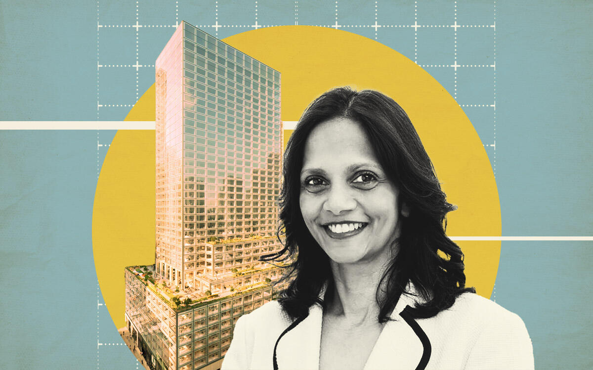 660 Fifth Avenue in Manhattan and Macquarie Group's Shemara Wikramanayake (Brookfield Properties, iStock, Macquarie Group, Illustration by Kevin Cifuentes for The Real Deal)
