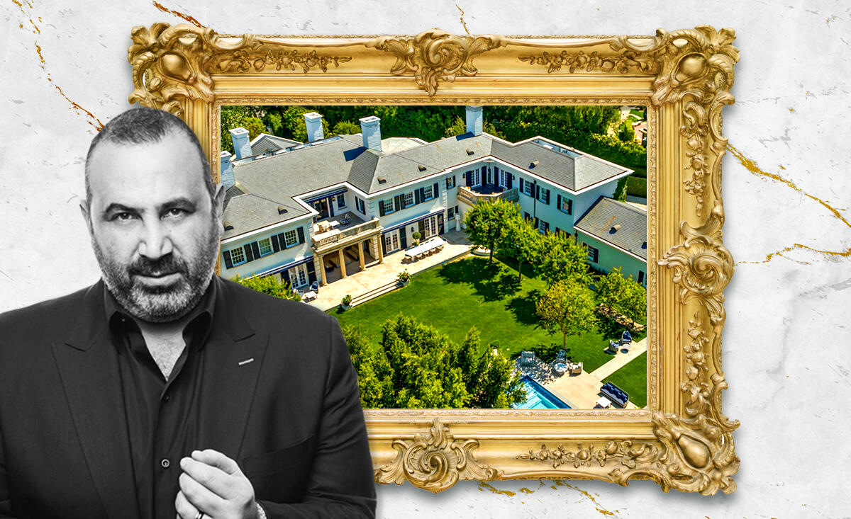 Sam Nazarian with 385 Copa de Oro Rd (Westside Estate Agency, Kevin Scanlon, iStock, Illustration by Shea Monahan for The Real Deal)