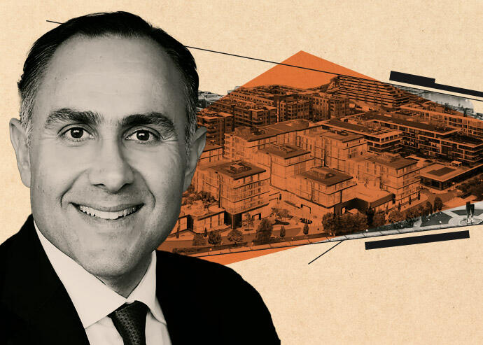 Parkview’s Paul Rahimian and 1800 Avenue at Port Imperial (Parkview Financial, Handel Architects, Illustration by Kevin Cifuentes for The Real Deal)