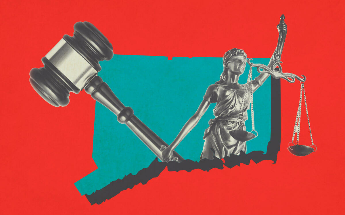Map of CT. Gavel. Scales of Justice (iStock, Illustration by Kevin Cifuentes for The Real Deal)