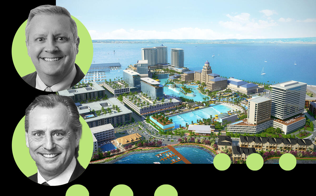 JLL's John Brownlee and Zale Properties' Mark Zale and the Sapphire Bay building (JLL, Zale Properties, Saphire Bay Texas)