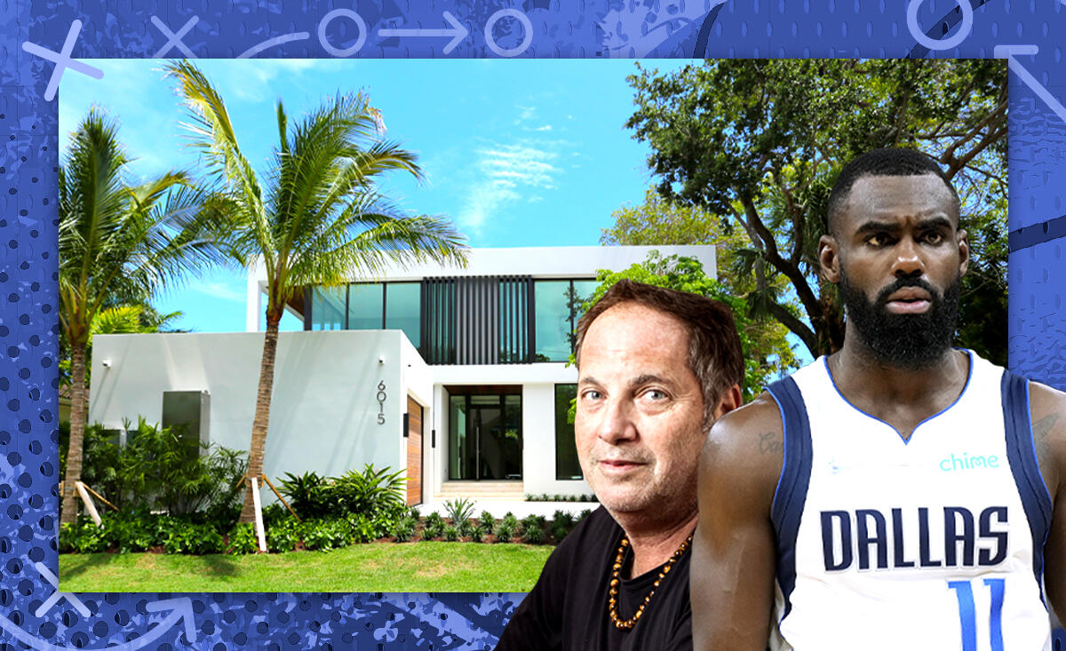 Todd Michael Glaser and Tim Hardaway Jr. with 6015 North Bay Road (Getty, iStock, Illustration by Shea Monahan for the Real Deal)