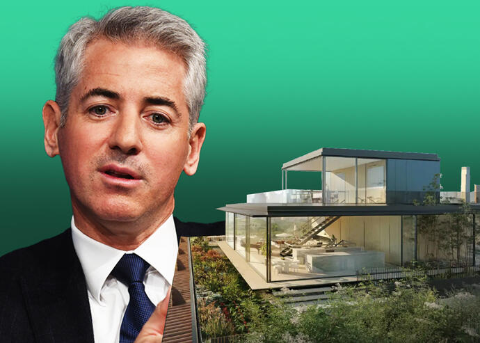 Bill Ackman and a rendering of the glass penthouse at 6-16 West 77th Street (Getty, Foster + Partners)