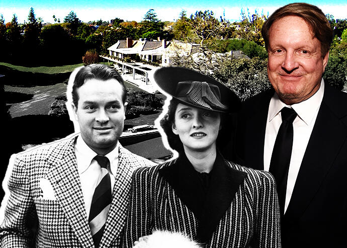 From left: Bob Hope, Dolores Hope and Ron Burkle in front of 10346 Moorpark Street in Toluca Lake (Getty Images, Zillow, iStock)