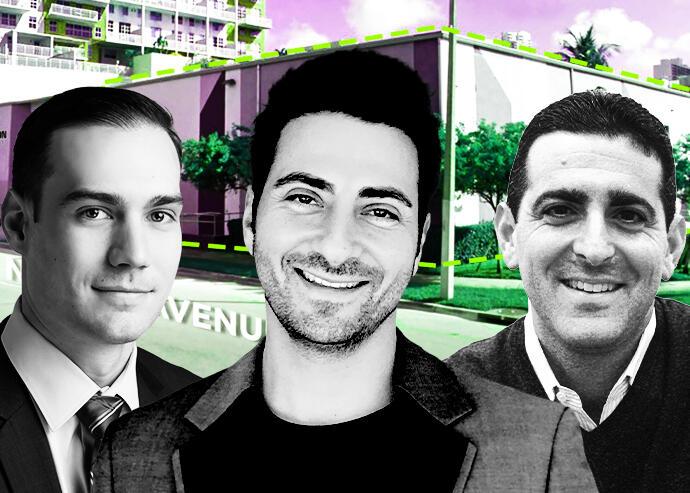 From left: David Huke, Alex Karakhanian, and Abraham Hidary with 1601 North Miami Avenue (LoopNet, Hidrock Properties, LNDMRK Development)