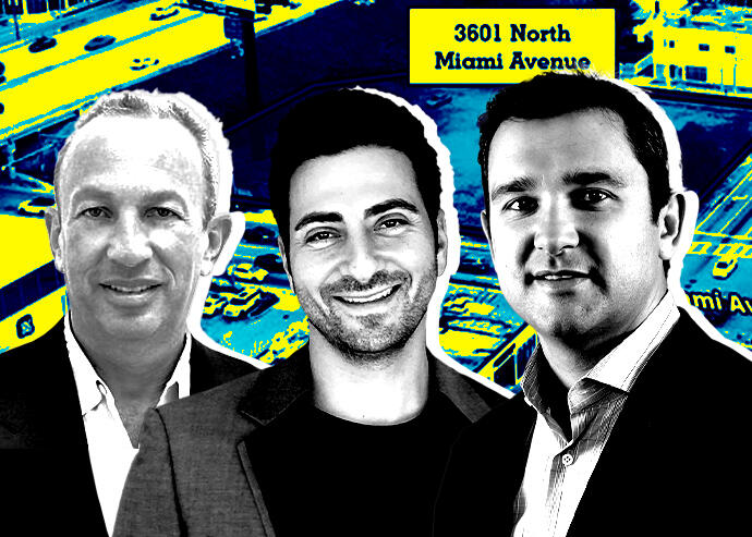From left: David Edelstein, Alex Karakhanian and Victor Ballestas in front of the property at 3601 North Miami Avenue (Lndmrk Development, Tricap, Integra Investments, LoopNet)
