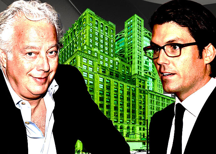 Aby Rosen and Jay Penske in front of 475 Fifth Avenue (LoopNet, Getty Images, iStock/Photo Illustration by Steven Dilakian for The Real Deal)