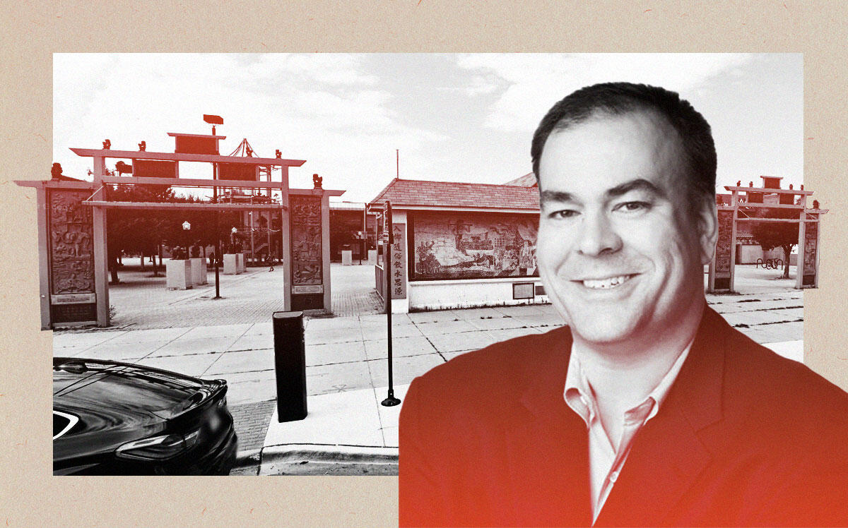 Cook County Assessor Fritz Kaegi with Chinatown Square Plaza (Twitter, Google Maps)