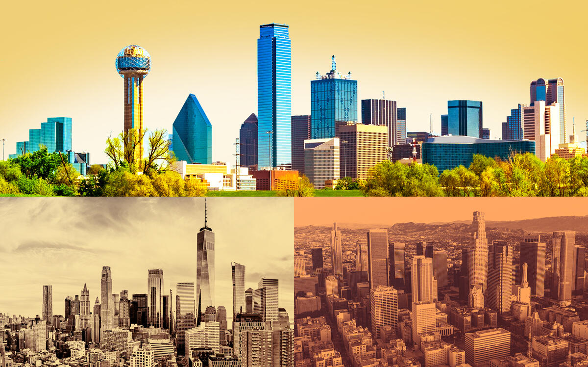 Dallas, New York City and Los Angeles skylines (iStock)