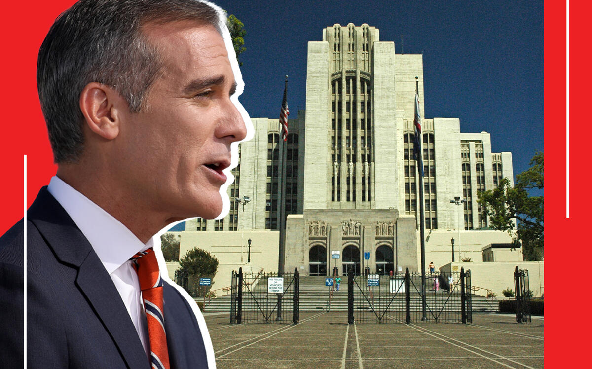 Mayor Eric Garcetti and LA County General Hospital at 1200 State Street (Getty)