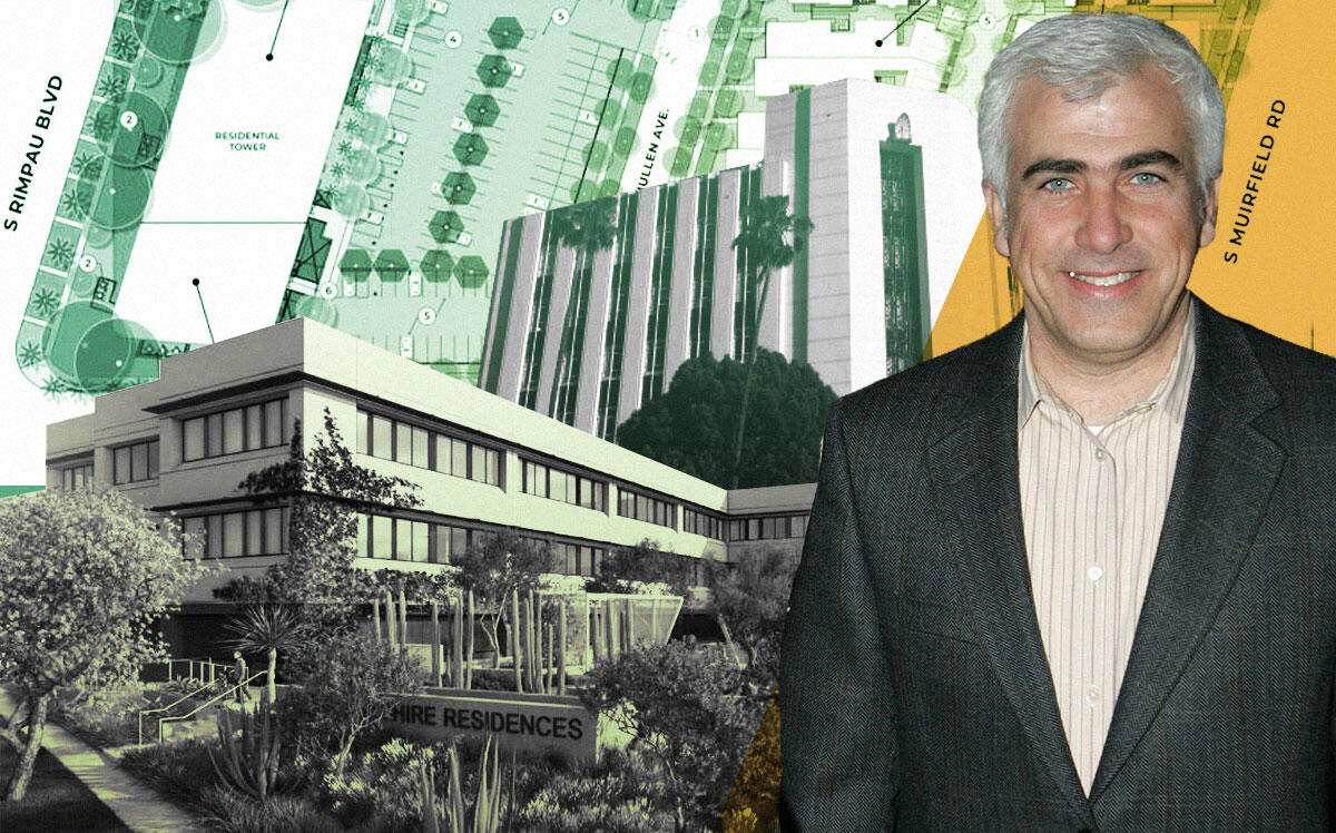 CIM's Shaul Kuba with Former Farmers Insurance Group HQ and rendering of redevelopment plans (Getty, L.A. Conservancy, Bassenian Lagoni Architects, CIM Group)