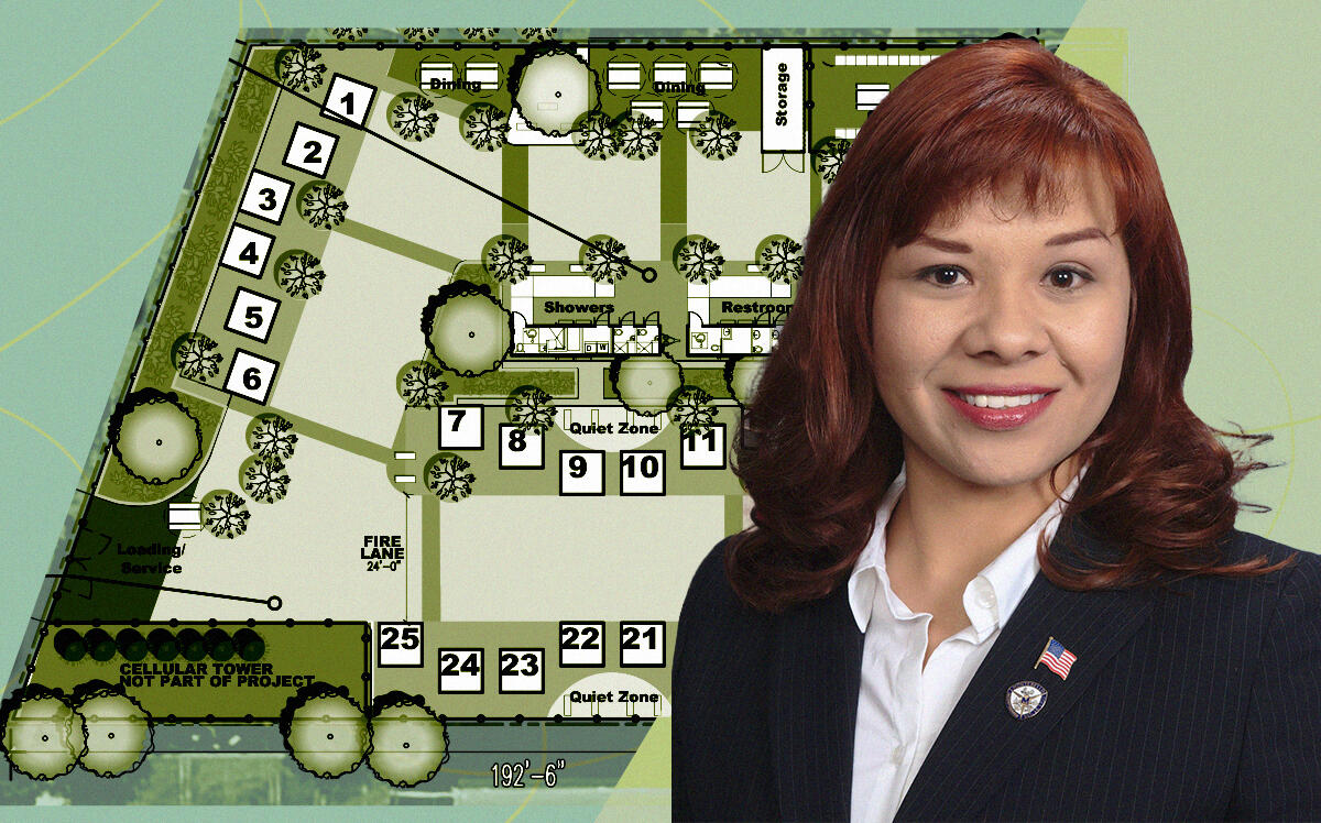 Whittier Mayor Kimberly Cobos-Cawthorne with layout of Montebello-Commerce Metrolink Statio tiny home village (Facebook, City of Montebello)