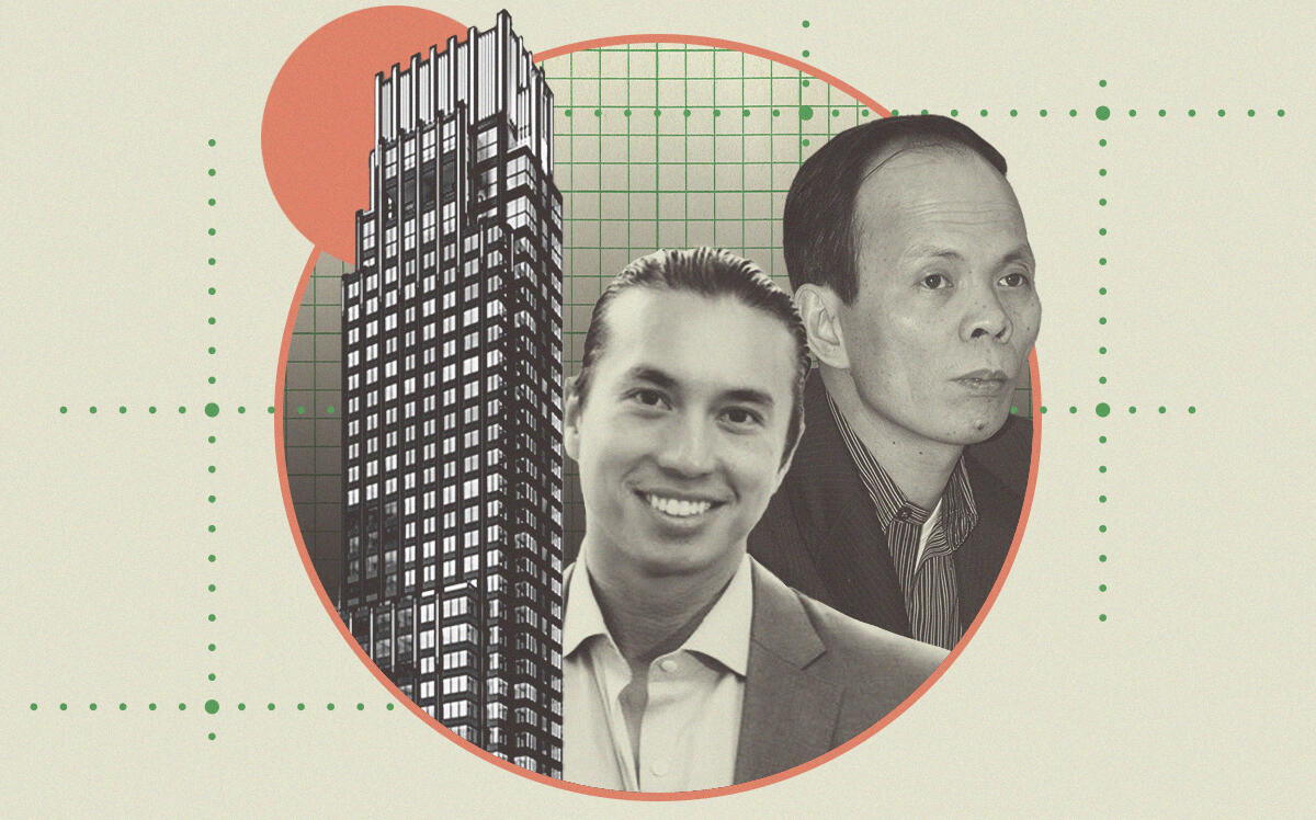 Silverback's Josh Schuster and Hopson's Chu Mang Yee with rendering of the project at 131-141 East 47th Street (LinkedIn, Getty, Ismael Leyva Architects)