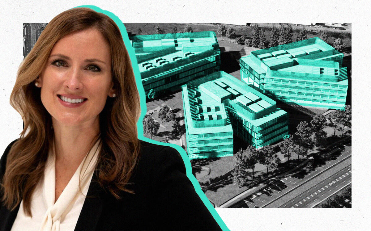 IQHQ's Tracy Murphy with rendering or 10 Twin Dolphin Drive proposal (IDHQ, RIOS)