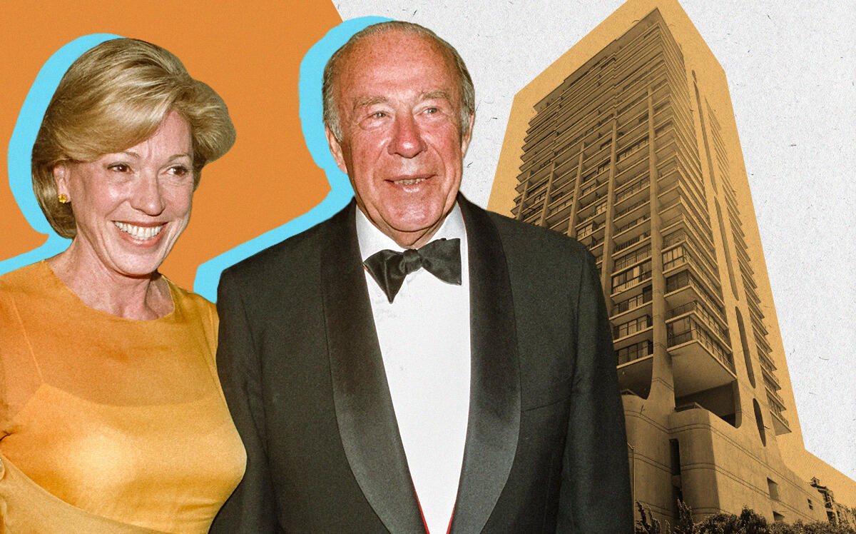 Charlotte and the late George Shultz with 999 Green Street (Getty, Google Maps)