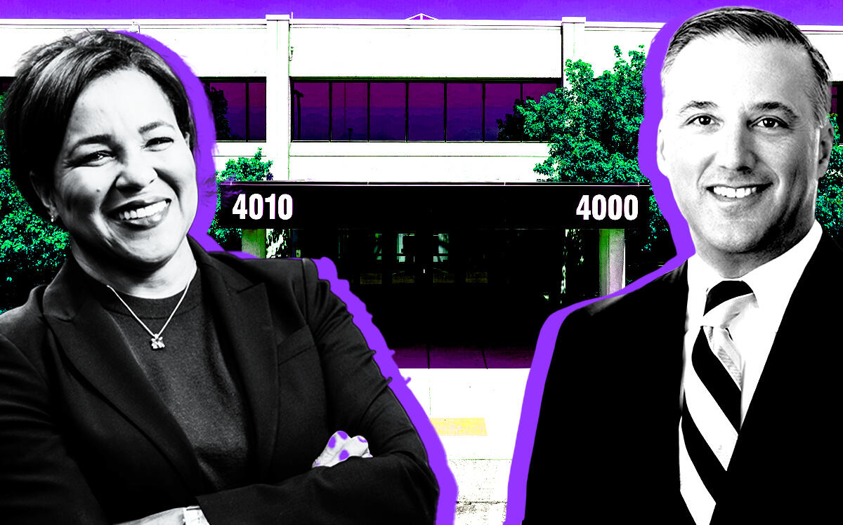 From left: Walgreens CEO Rosalind Brewer and TA Realty managing partner James P. Raisides in front of the Centerpoint Northbrook Business Campus at 4000 Commercial Avenue (LoopNet, TA Realty, Junior Achievement of Georgia, iStock)