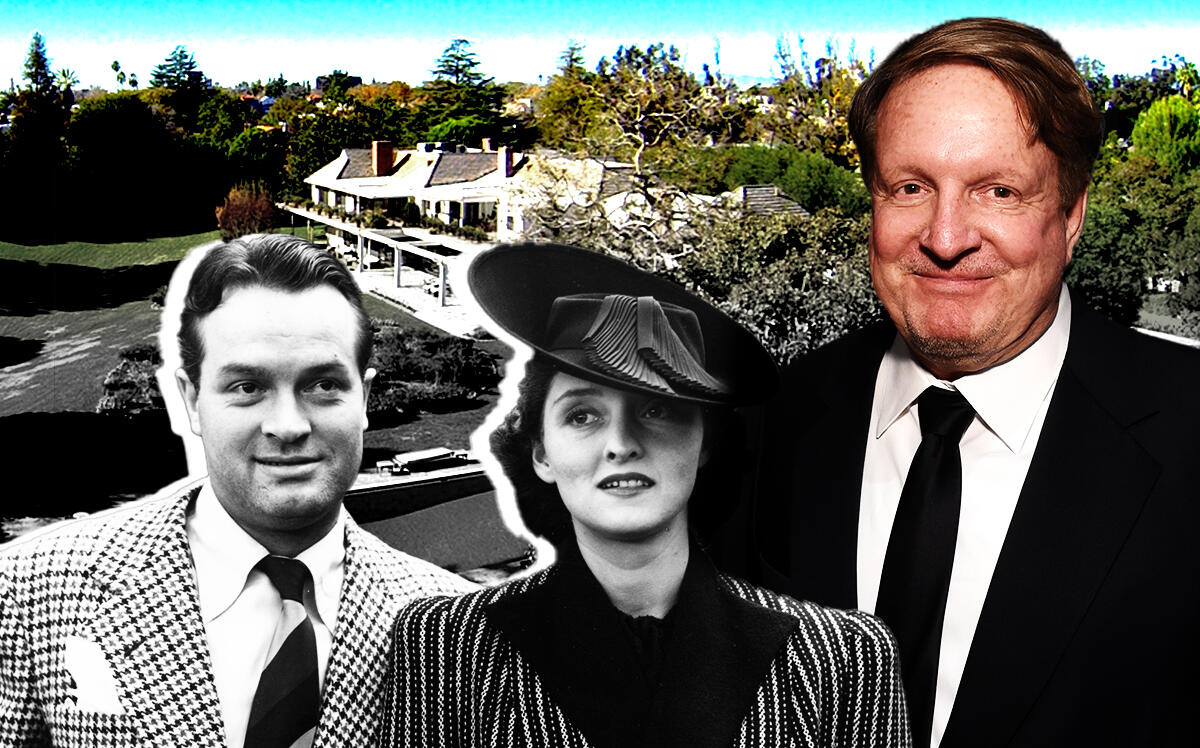 From left: Bob Hope, Dolores Hope and Ron Burkle in front of 10346 Moorpark Street in Toluca Lake (Getty Images, Zillow, iStock)