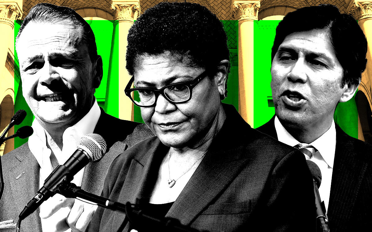 From left: Mayoral candidates Rick Caruso, Karen Bass and Kevin de León (Getty Images, iStock)