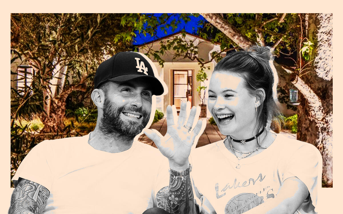 From left: Adam Levine and Behati Prinsloo in front of 1700 San Remo Drive in Pacific Palisades (Getty Images, Redfin, iStock)