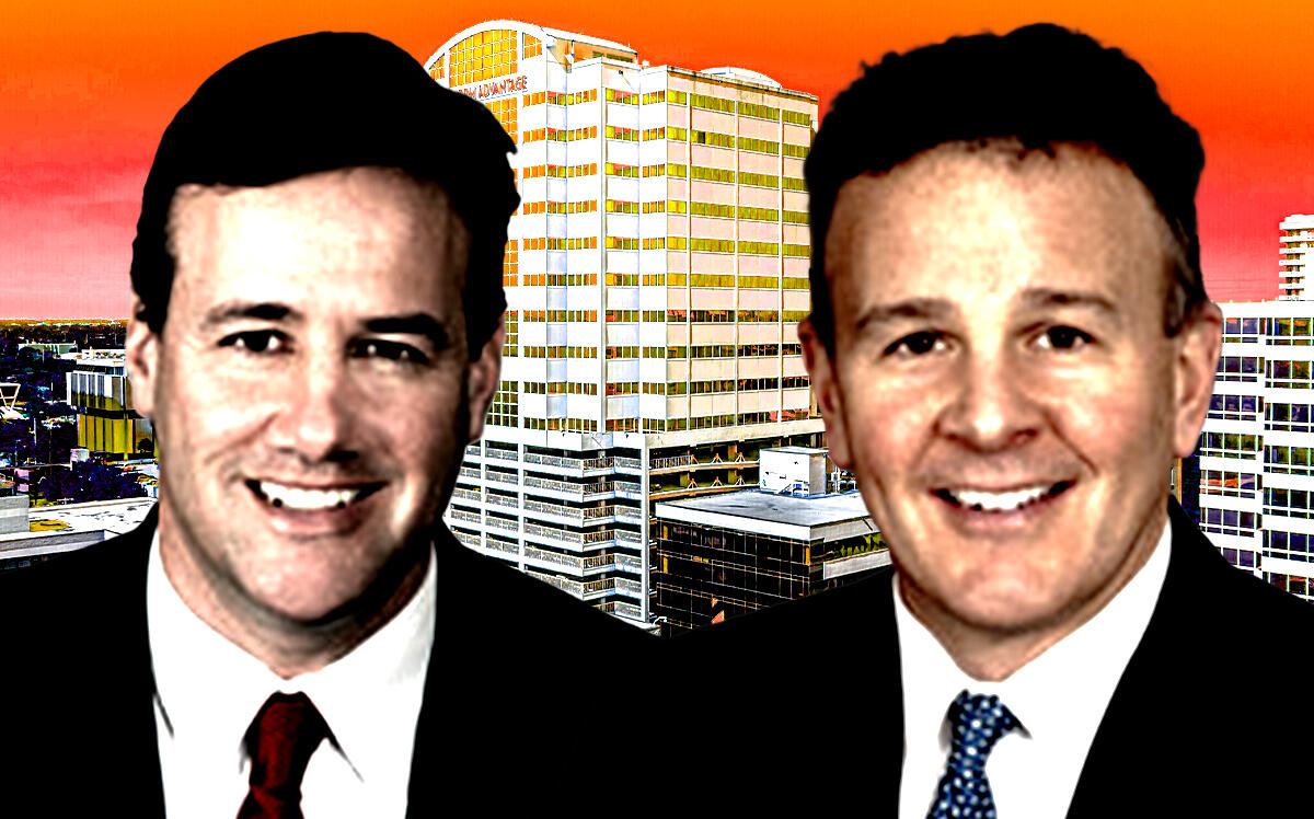 From left: Ivy Realty's Anthony P. DiTommaso Jr. and Russell Warren Jr. (Ivy Realty in front of the Tower 101 office building at 101 Northeast Third Avenue in Fort Lauderdale (Ivy Realty)