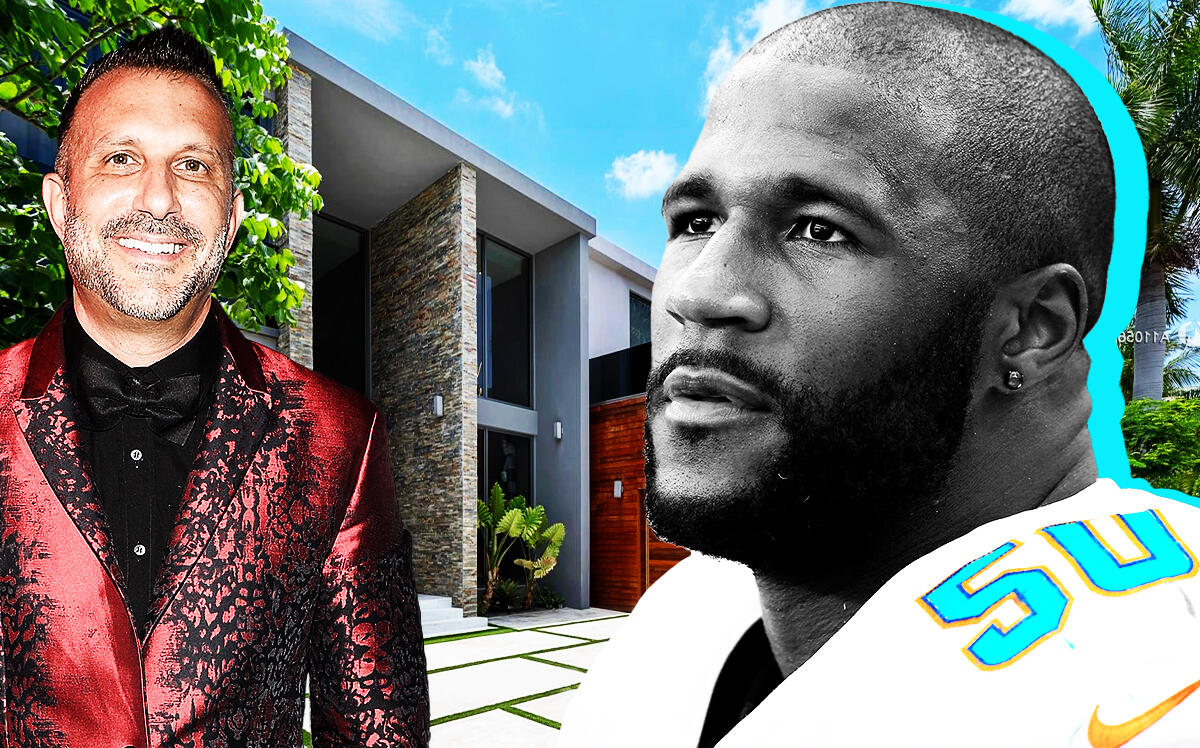 From left: Stephen Macricostas and Andre Branch in front of 4535 Nautilus Court (Getty Images, Redfin)