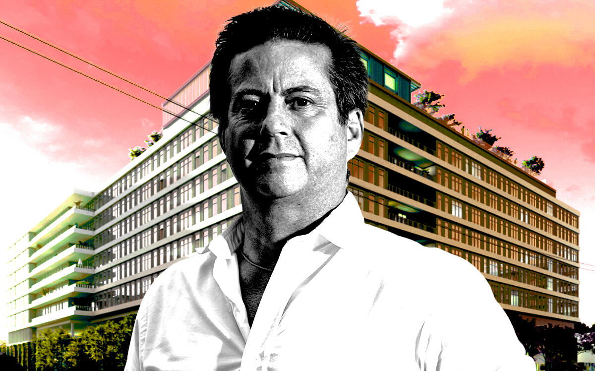 David Barry, principal, Ironstate Development along with a rendering of the proposed eight-story building between Northeast 26th and 27th Streets in Wynwood (Ironstate, 5G Studio Collaborative)