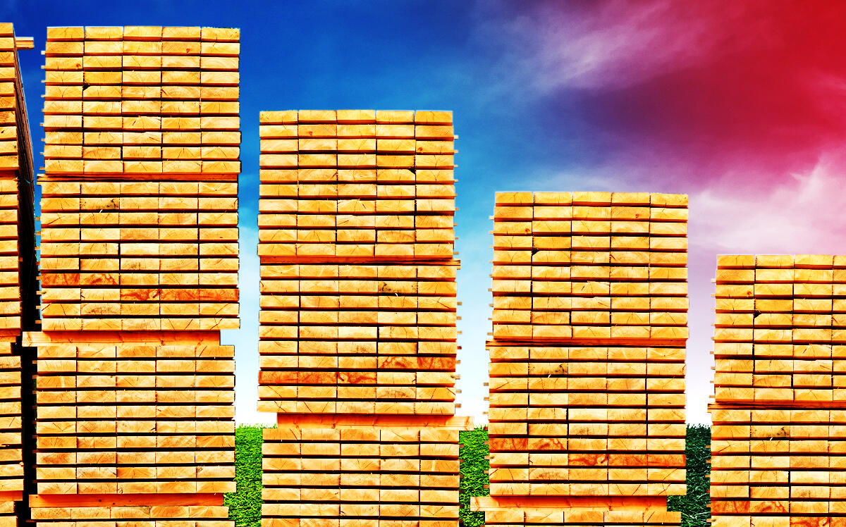 A photo illustration of declining lumber prices (iStock)