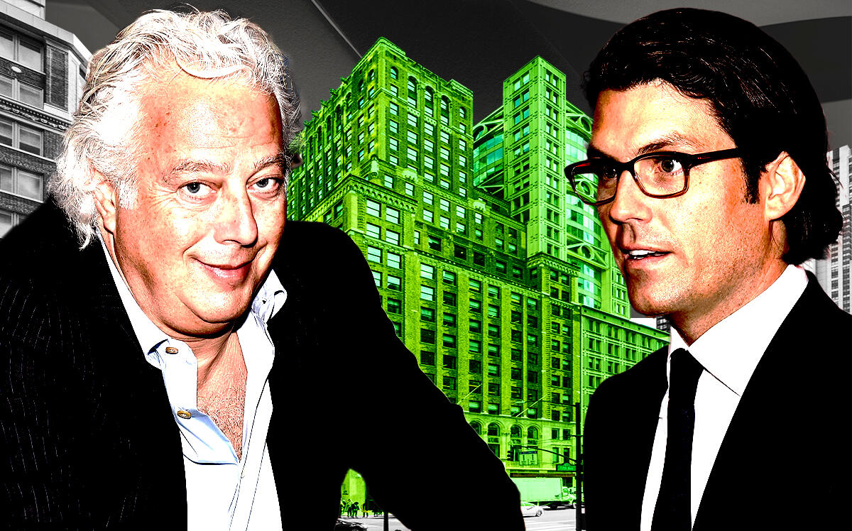 Aby Rosen and Jay Penske in front of 475 Fifth Avenue (LoopNet, Getty Images, iStock/Photo Illustration by Steven Dilakian for The Real Deal)